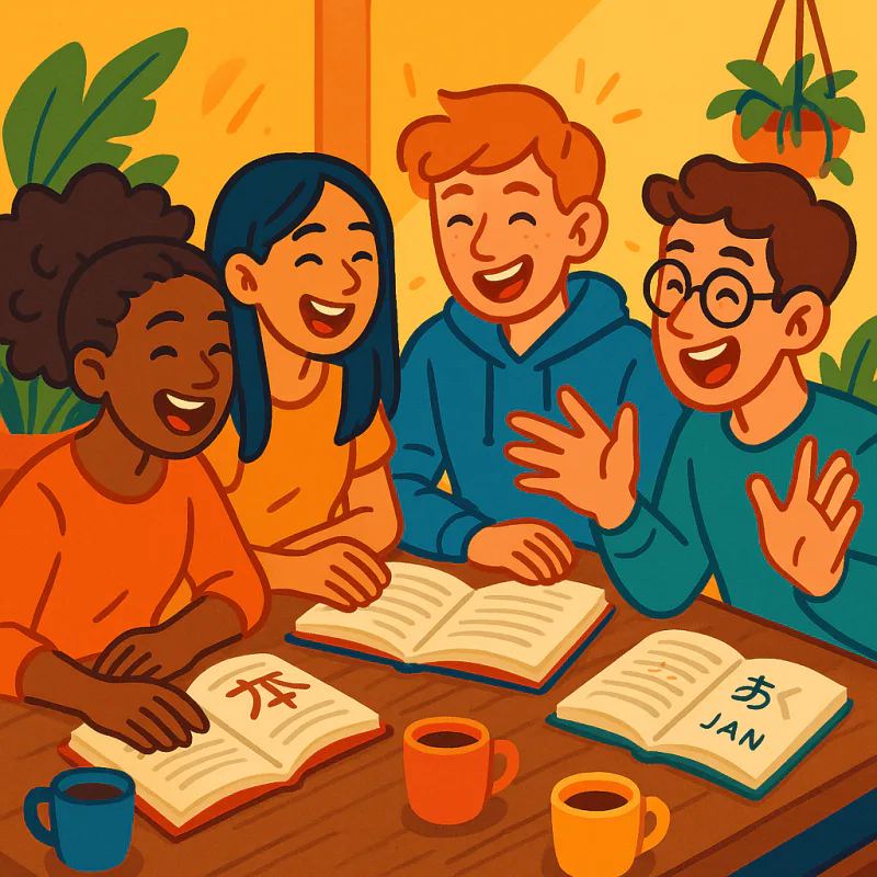 A small group of four friends studying Japanese together at a cafe table, animated and laughing, textbooks and notebooks open, supportive friendly atmosphere, modern illustration style, warm bright colors, no text