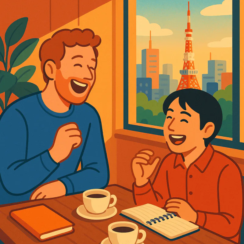 Two people meeting in person at a cafe in Tokyo, one foreigner one Japanese, mid-conversation laughing, notebooks and coffee on the table, warm afternoon light, friendly intimate atmosphere, modern illustration style, no text