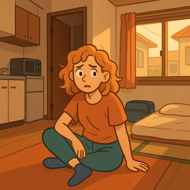 A young foreign woman sitting on the floor of a small Japanese apartment looking confused and slightly stressed, late afternoon light through a window, a partially opened door behind her, modern illustration style, warm muted colors, no text