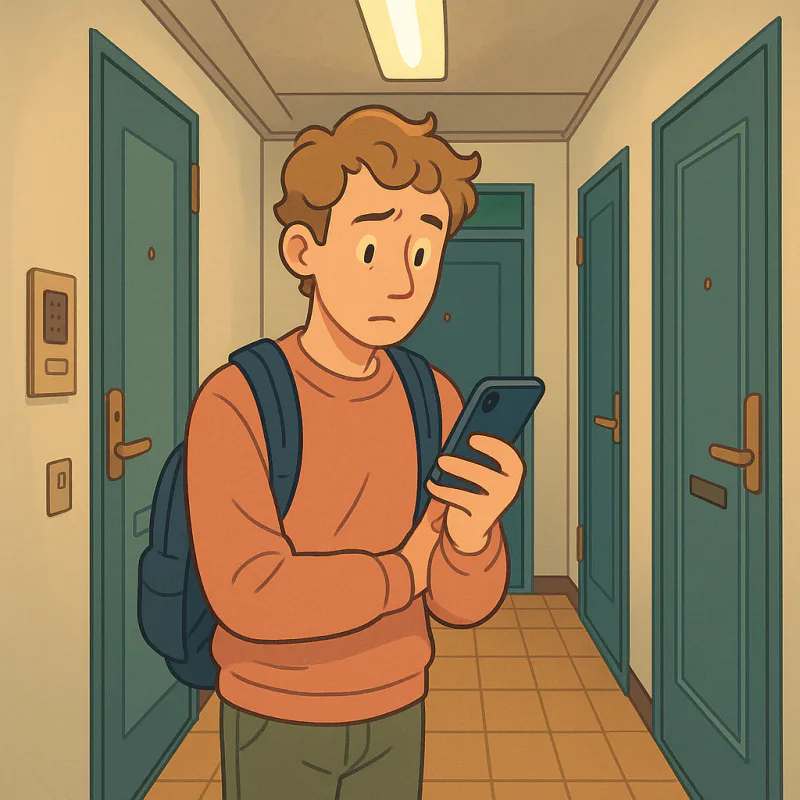 A foreigner standing in a narrow Japanese apartment hallway looking at their phone, half-curious half-uncertain, neighboring doors closed, fluorescent overhead lighting, modern illustration style, soft muted colors, no text