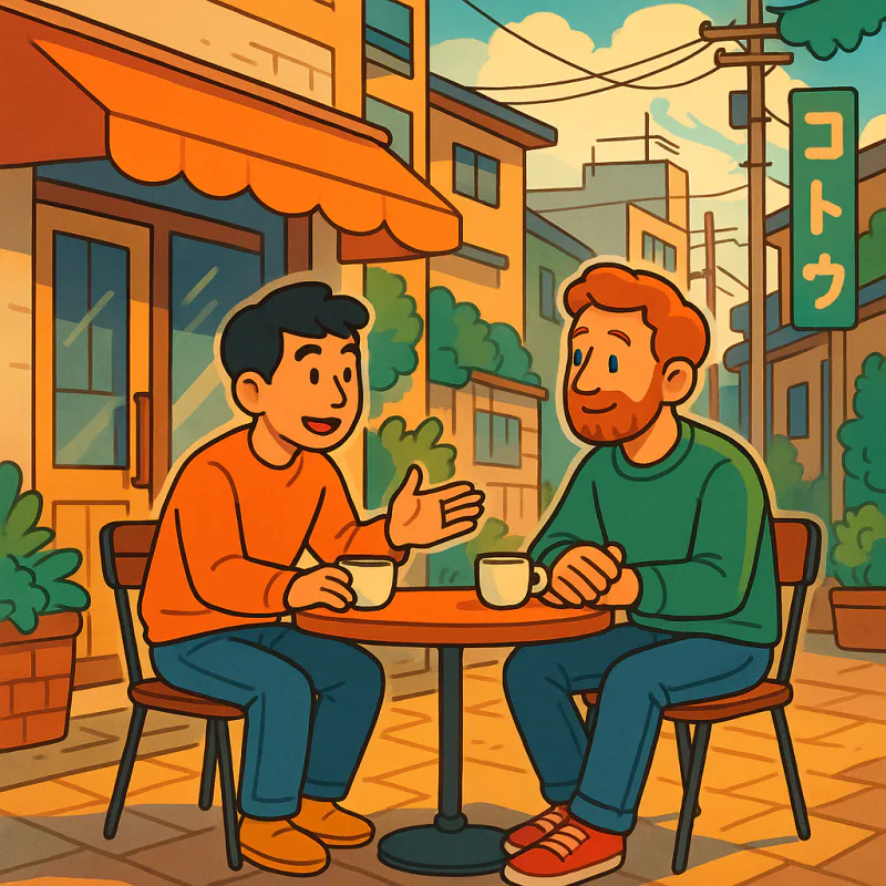 Two friends sitting at a small cafe table in a quiet Tokyo neighborhood, one Japanese one foreigner, mid-conversation with one explaining and the other listening attentively, warm afternoon light, modern illustration style, no text