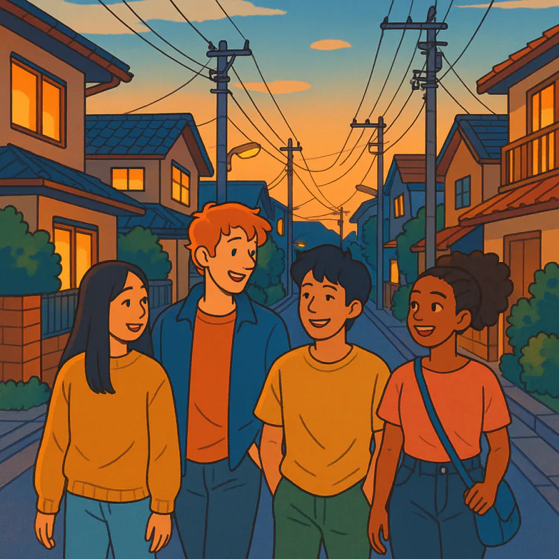 A small group of friends walking together on a quiet residential street in Japan in early evening, casual and relaxed atmosphere, mixed group of locals and foreigners, modern illustration style, warm bright colors, no text