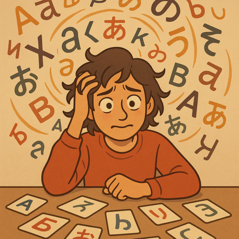 A young foreign person sitting at a desk with flashcards, head full of swirling letters from different alphabets, looking overwhelmed but slightly amused, modern cartoon illustration style, warm muted colors, no text