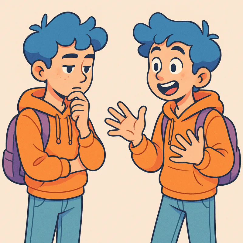 Two cartoon versions of the same young person standing next to each other, one calmly speaking with thoughtful posture and one speaking with animated hand gestures, both versions made of the same character but with different energy, modern illustration style, soft bright colors, no text