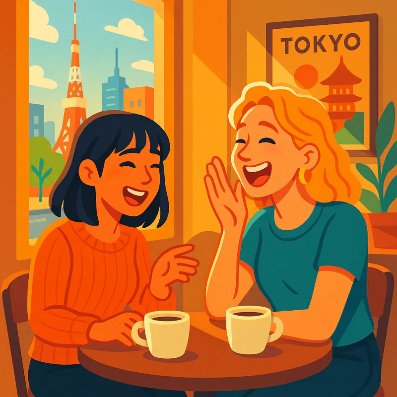 Two friends laughing together at a small cafe table in Tokyo, one Japanese woman and one foreign woman mid-conversation, casual relaxed atmosphere, warm afternoon light through window, modern illustration style, warm bright colors, no text