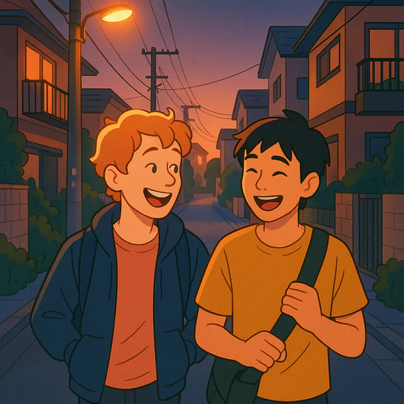 A young foreign person and a Japanese friend walking together on a quiet Tokyo street in early evening, mid-laugh about a small shared joke, casual friendly atmosphere, modern illustration style, soft warm colors, no text