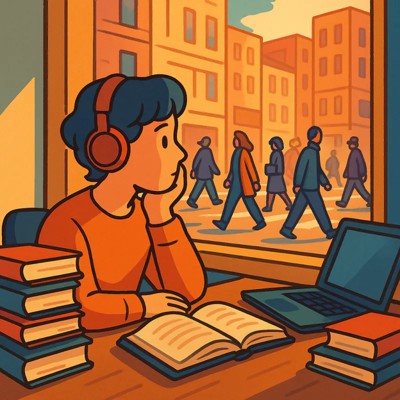A person sitting alone at a desk surrounded by language textbooks, headphones on, looking out the window at a city full of strangers passing by, soft warm lighting