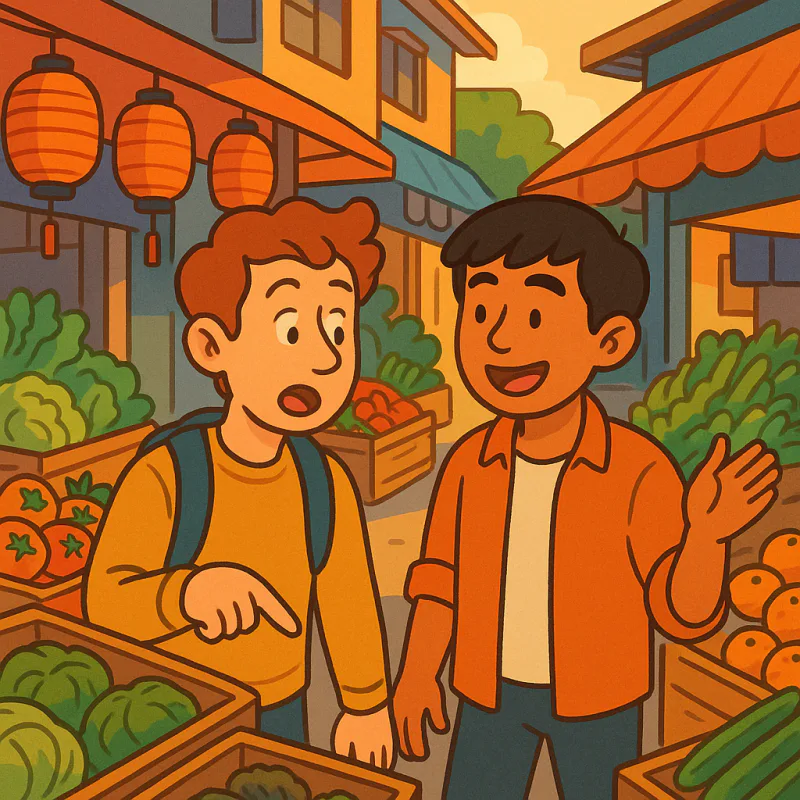Two friends walking through a small neighborhood market, one pointing at unfamiliar food and asking questions, the other gesturing while explaining, warm afternoon light, animated faces