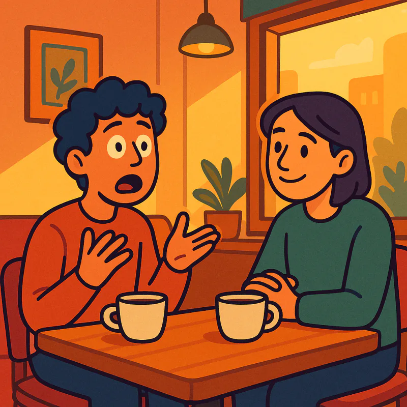 A person mid-conversation in a small cafe, slightly frozen with their mouth open, the other person waiting patiently with a warm expression, two coffees on the table