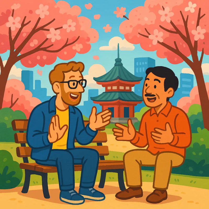 A foreigner and a local sitting together on a park bench in a Japanese city, animated conversation, both gesturing, friendly afternoon scene with cherry trees