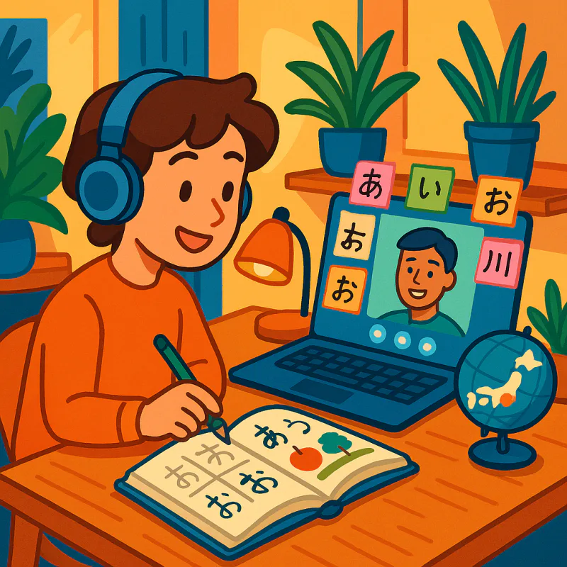 A learner studying Japanese at home with textbooks, a laptop showing a video call interface, sticky notes with kanji, and a small Japan-themed globe on the desk, warm cozy lighting, modern illustration style