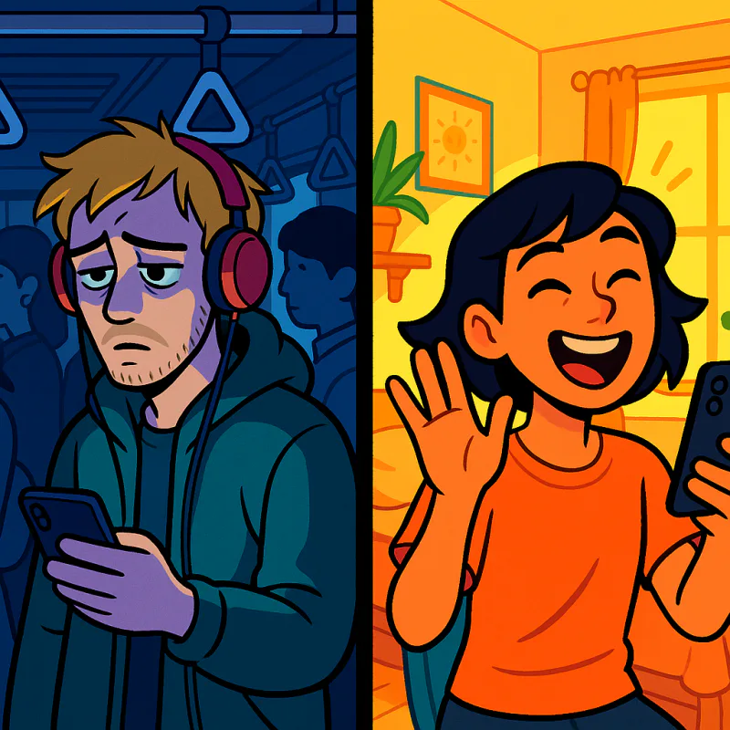Split-scene illustration: on one side, a lonely foreigner staring at their phone on a crowded Tokyo train, on the other side, an animated and laughing young person on a video call from a bright bedroom, contrast composition, vibrant colors, modern cartoon style