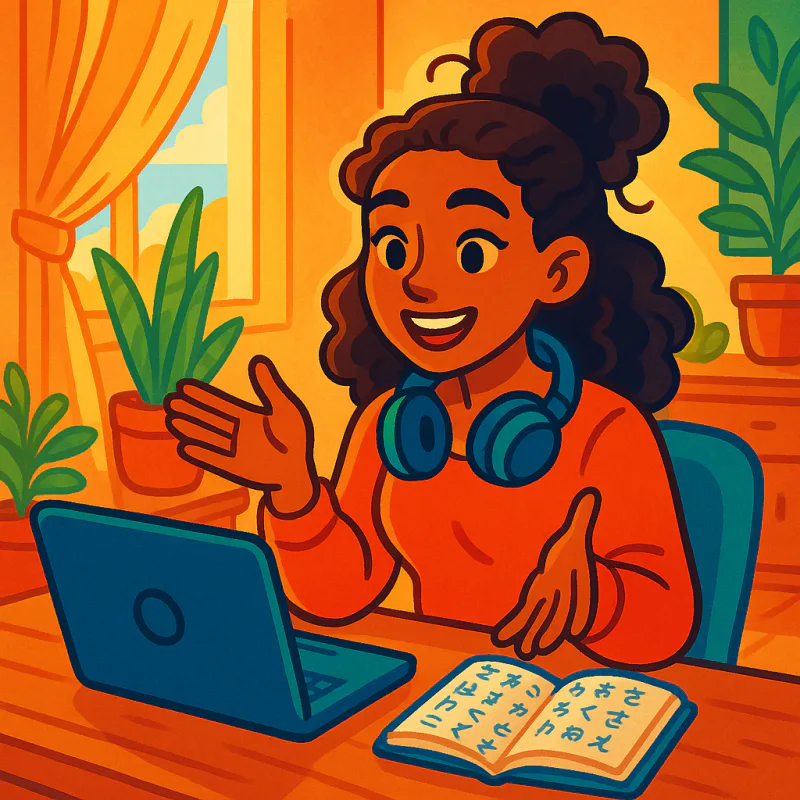 A confident young woman on a video call speaking Japanese from her apartment, smiling, a notebook with hiragana open beside her, soft warm light from a window, plants, friendly atmosphere, bright cartoon illustration style