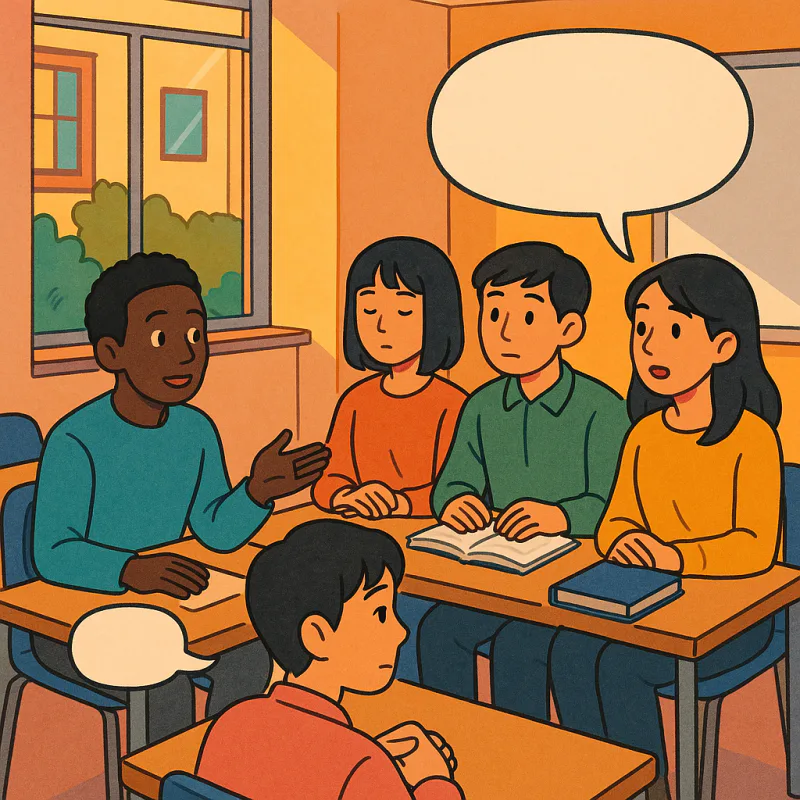 Colorful pop-art collage illustration: a multicultural university group meeting, one student speaking with a faded speech bubble, other students nodding politely but looking at a different bubble, floating icons of group dynamics, exclusion, language barriers, bright neon colors, modern graphic design style, eye-catching thumbnail, no readable text