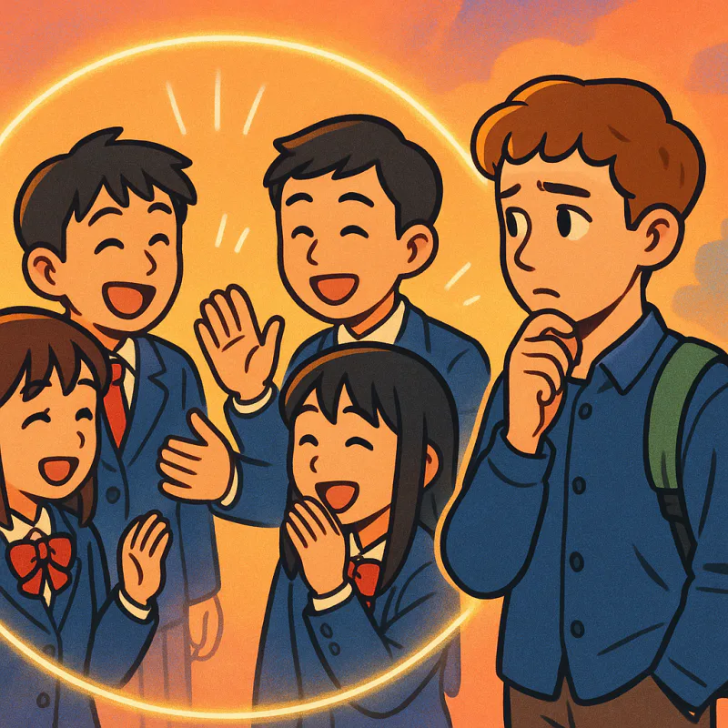 Colorful cartoon illustration: a tight inner circle of Japanese students chatting easily, with one international student standing slightly outside the circle, soft barriers visualized as gentle glowing lines, warm but melancholic mood, modern illustration style, no text