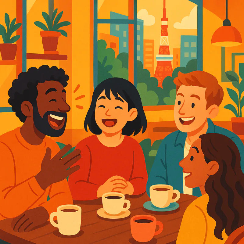 Colorful cartoon illustration: a small diverse group of friends at a cafe in Japan, laughing and engaged in real conversation, one international student visibly relaxed and animated, warm bright colors, friendly atmosphere, modern illustration style, no text