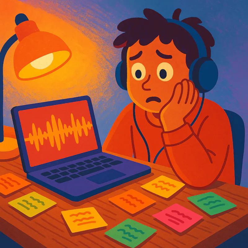 A learner with headphones on staring at a laptop showing a podcast waveform, looking overwhelmed, sticky notes with vocabulary words scattered around the desk, warm lamplight, modern illustration style