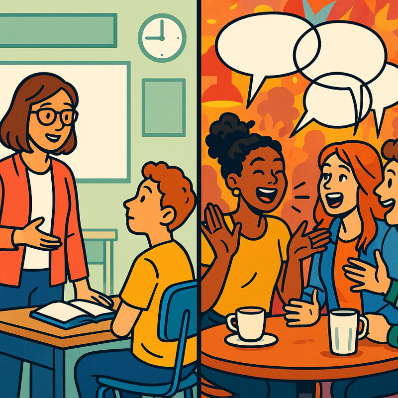 Split scene illustration showing a calm structured classroom on the left with a single teacher speaking clearly, and on the right a chaotic cafe table with three friends laughing and talking over each other, colorful modern illustration style