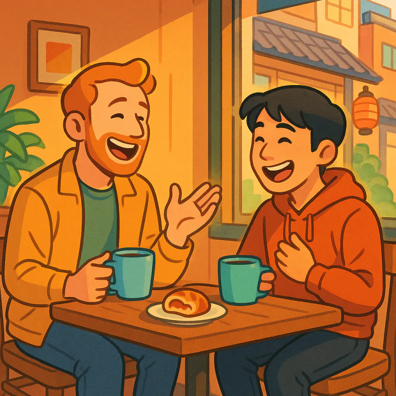 Two friends in casual clothes laughing at a small Tokyo cafe, one foreign and one Japanese, coffee cups and a half-eaten pastry on the table, soft afternoon light through the window, warm modern illustration style