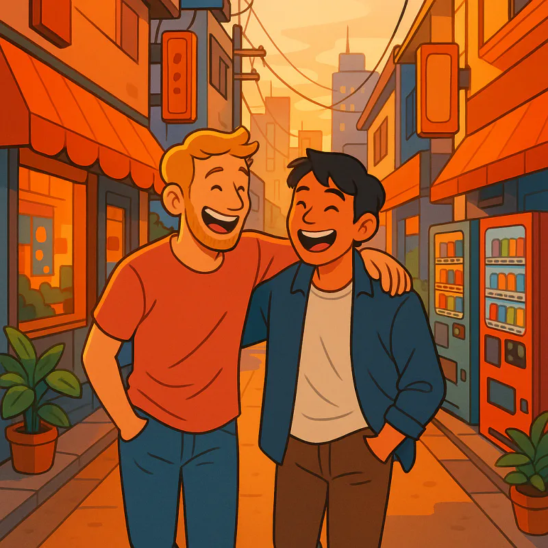 A foreigner and a Japanese friend walking together in a Tokyo neighborhood at golden hour, casual outfits, laughing about something, soft warm lighting, modern illustration style
