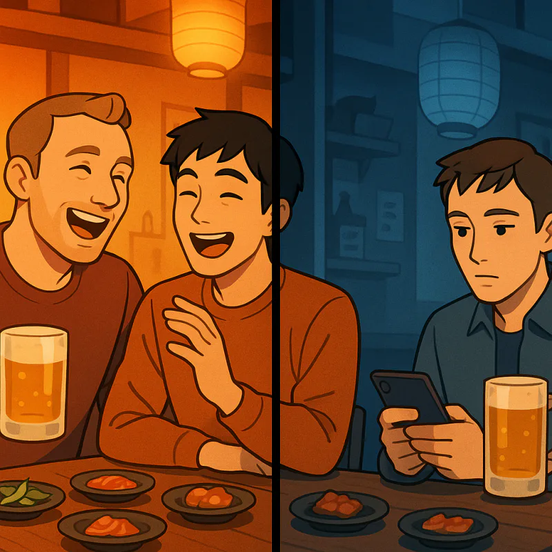 Split scene illustration: left side shows a foreigner and a Japanese friend laughing together at a cozy izakaya with beers and small plates, right side shows the same Japanese friend looking distantly at their phone with a cold expression while the foreigner notices, colorful modern illustration style, warm evening tones on the left, cooler tones on the right