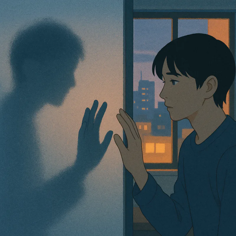 A person standing on one side of a frosted glass wall reaching out toward a Japanese friend on the other side, both reaching but not quite touching, soft melancholy mood, dusk lighting through a Tokyo window, modern illustration style with muted blues and warm interior light