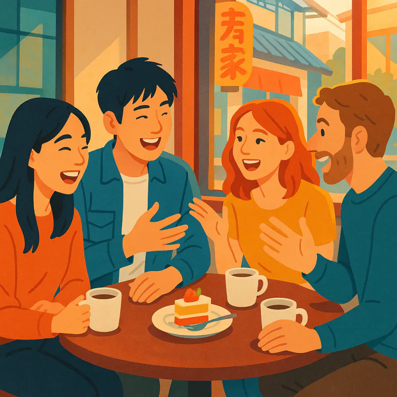 A small mixed group of friends from different backgrounds laughing together at a casual cafe table in a Japanese neighborhood, candid relaxed feel, hand gestures mid-conversation, coffee cups and a shared plate, warm afternoon light through the window, modern illustration style with bright friendly colors