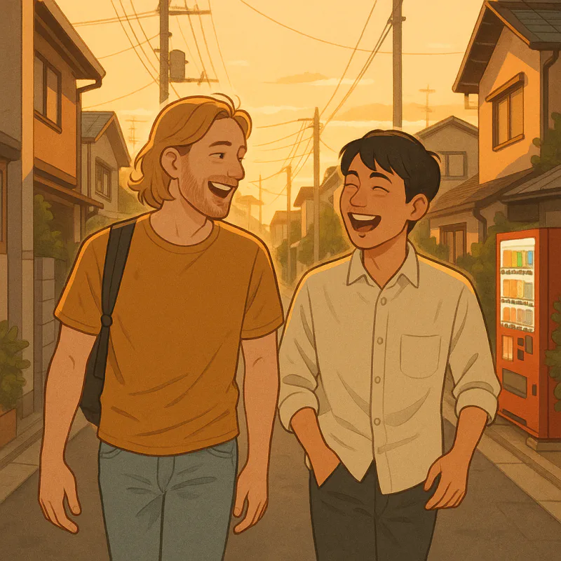 A foreigner and a Japanese friend walking together through a quiet Tokyo neighborhood at golden hour, casual outfits, mid-laugh about something one of them just said, soft warm lighting, modern illustration style, sense of ease and unforced companionship