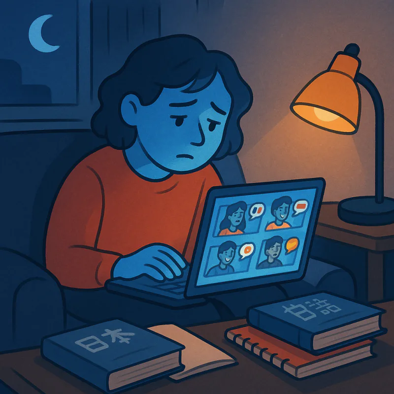 A person sitting on their couch at night scrolling through polyglot influencer videos on a laptop, looking quietly deflated, soft blue screen glow on their face, study books closed nearby, modern illustration style, melancholy but not dark, muted blues and warm desk lamp light
