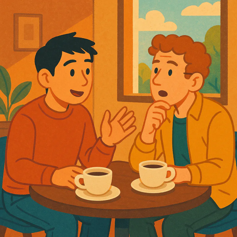 Two friends, one Japanese and one foreign, sitting across from each other at a small coffee shop table, mid-conversation, one asking a curious follow-up question, the other gesturing while explaining something, relaxed unhurried mood, afternoon light through the window, modern illustration style with warm friendly colors