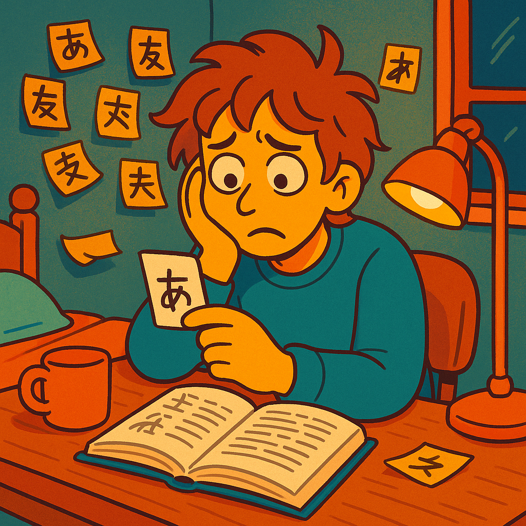 A learner at a desk staring at a kanji on a flashcard with a confused expression, sticky notes with Japanese words falling off the wall, evening lamplight, modern cartoon illustration, no text
