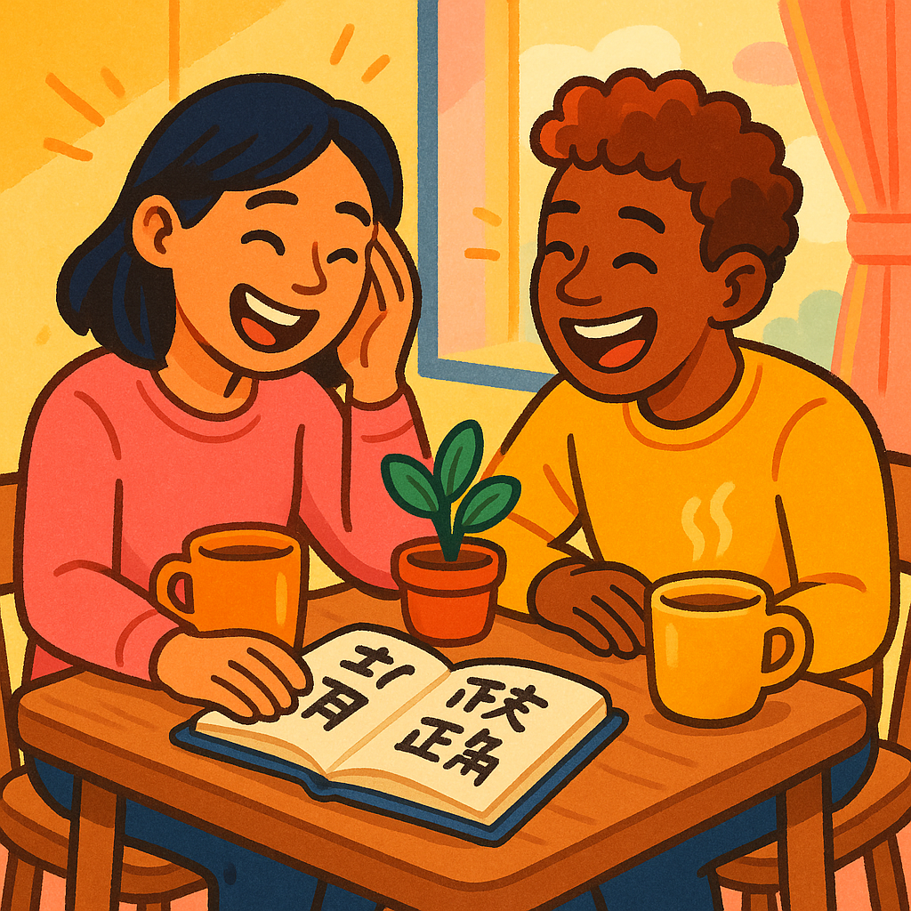 Two people at a small cafe table comparing notes, one with a notebook of Japanese kanji, both laughing, friendly relaxed atmosphere, warm bright colors, modern cartoon illustration, no text