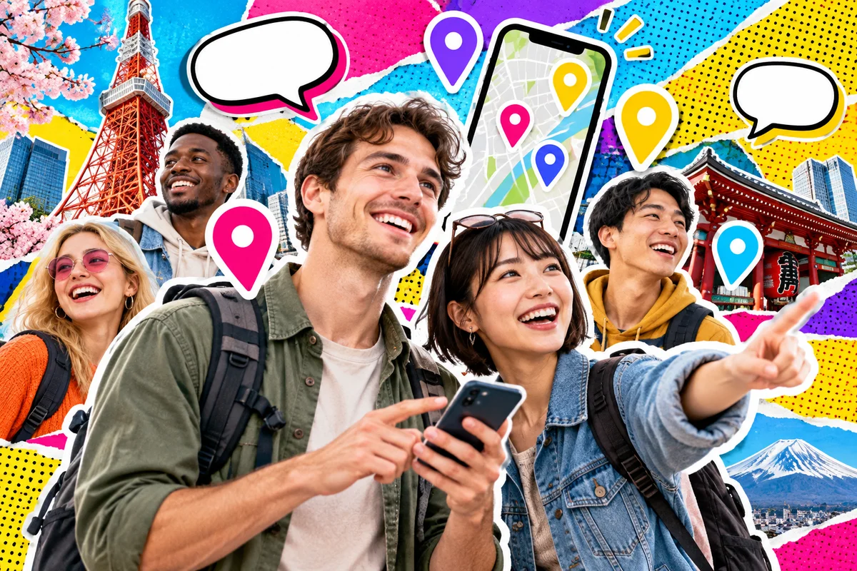 Colagem fotográfica de um viajante e amigos japoneses explorando a cidade com um celular, cercados por pontos no mapa e atrações