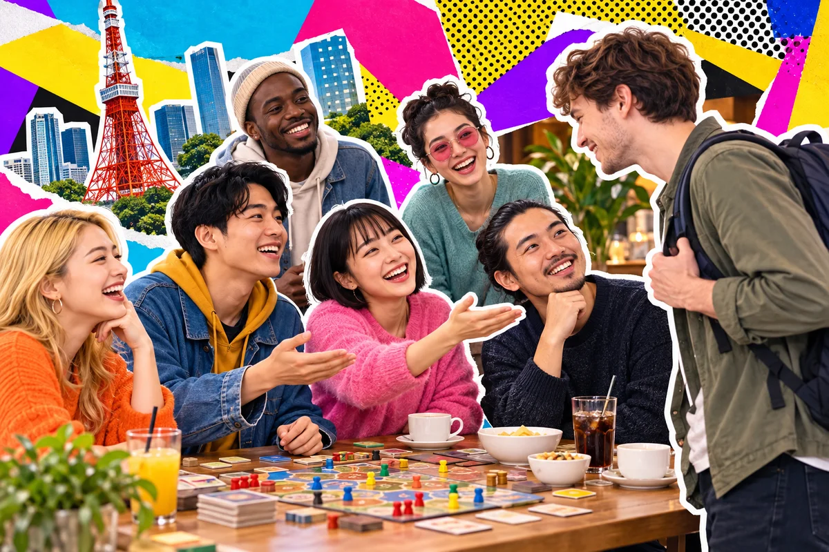 Amigos japoneses e estrangeiros recebendo um mochileiro em um encontro de jogos de tabuleiro em um café