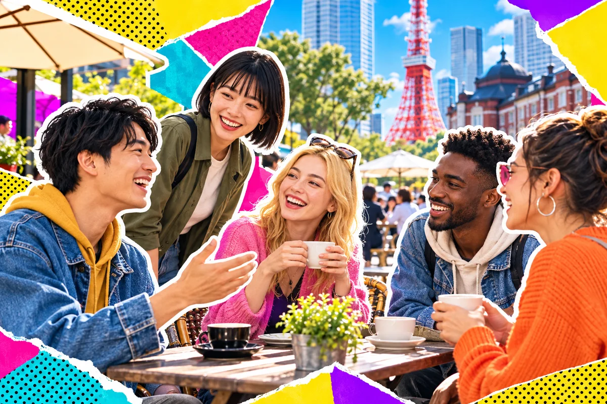 Amigos japoneses e estrangeiros conversando com café em uma praça pública ensolarada