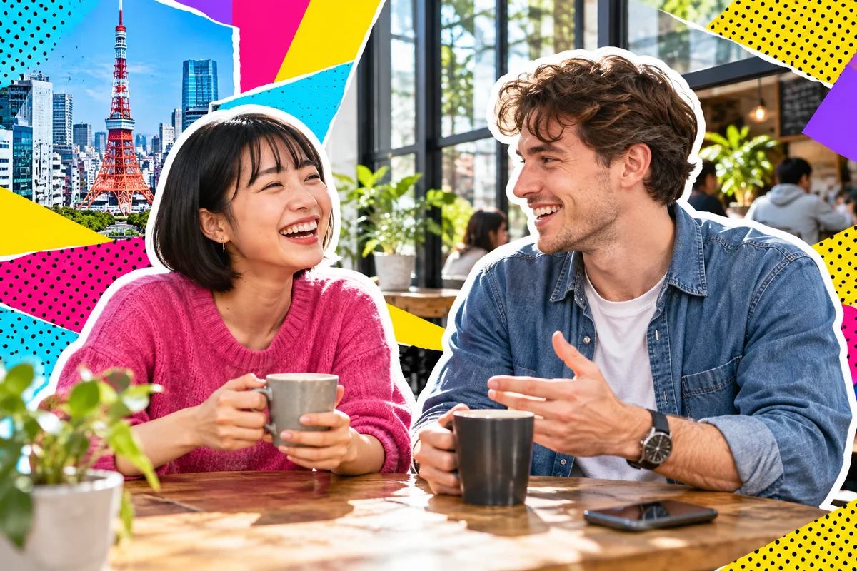 Amigos japoneses e americanos sorrindo e conversando em um café