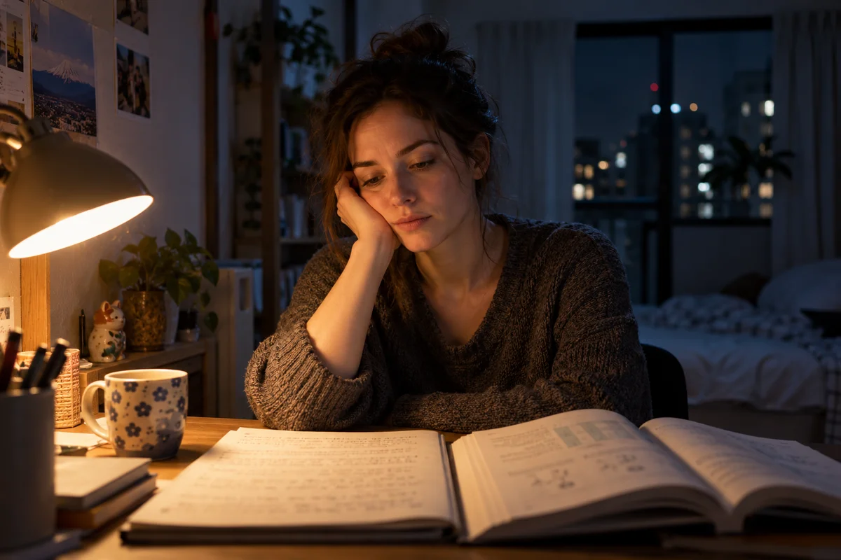 一個人深夜獨自坐在小書桌前的檯燈下學日文,筆記本攤開,看起來疲憊又若有所思