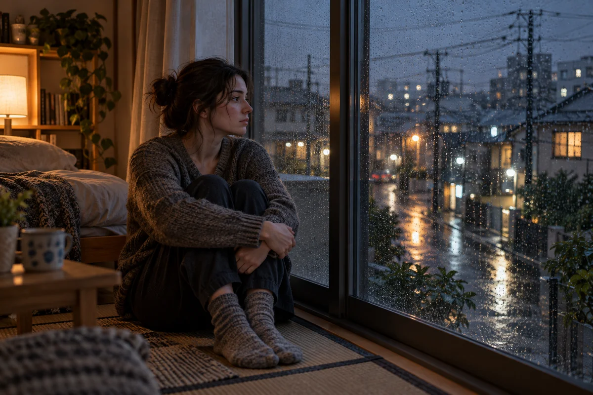 日本一個下雨的夜晚,一個人獨自坐在公寓窗邊,靜靜望著窗外濕漉漉的街道