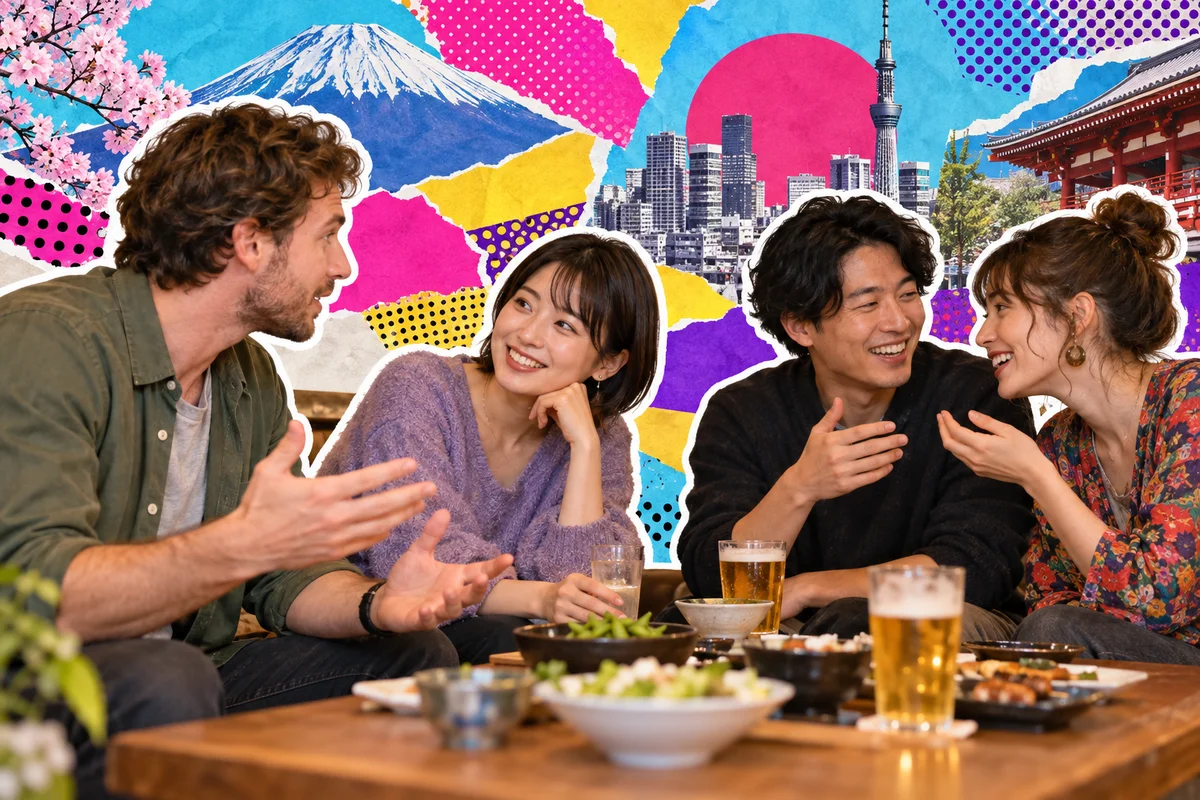 Amigos adultos japoneses e de outros países conversando à vontade em uma mesa de café