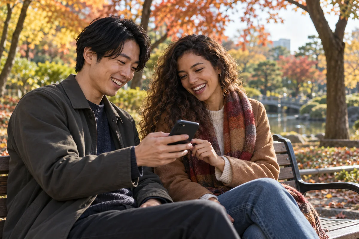 Un Japonais et une femme venue de l'étranger rient ensemble sur un banc d'un parc de Tokyo en automne