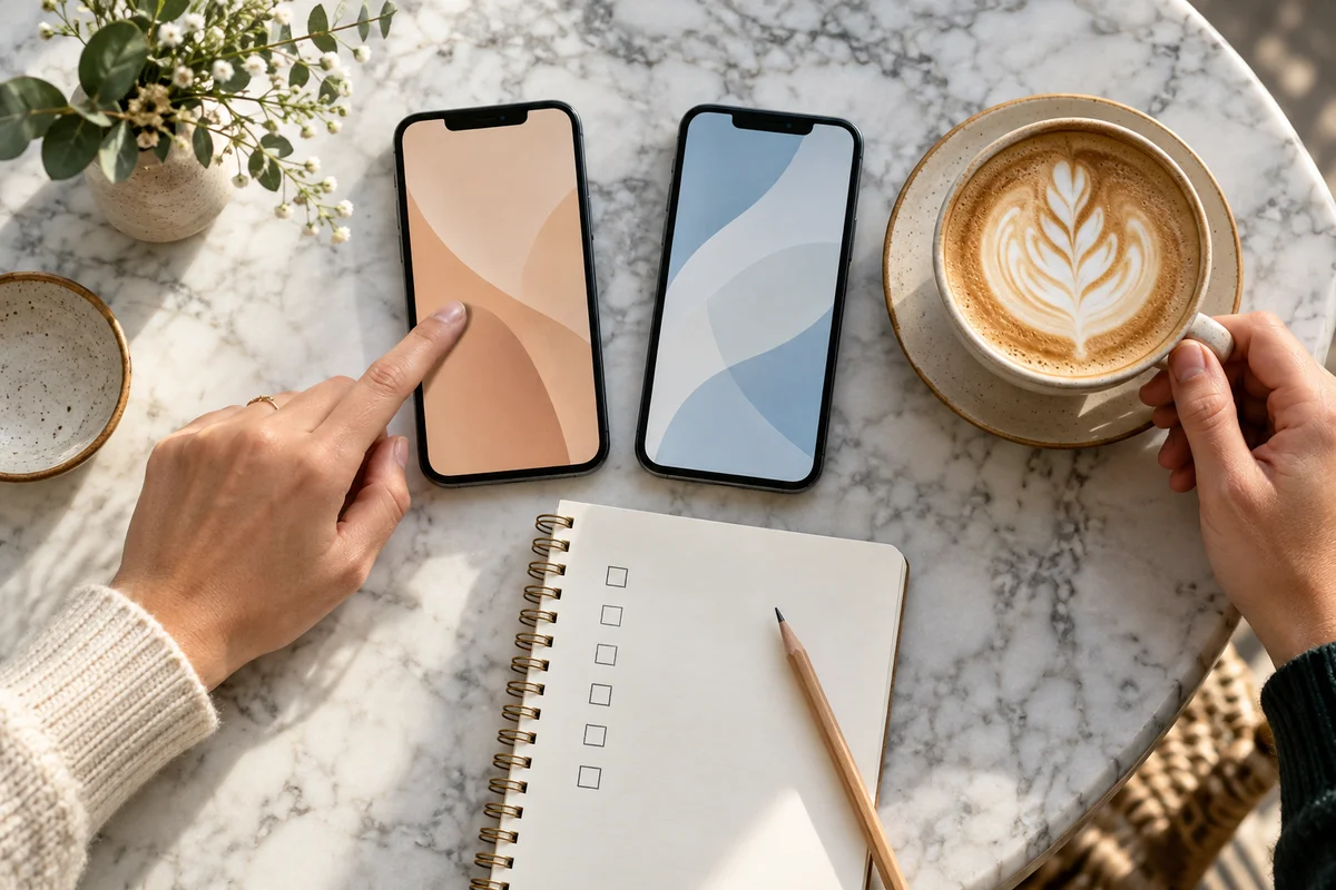 Deux téléphones, un café et une liste à cocher vide sur une table de café pour comparer des applis d'amitié