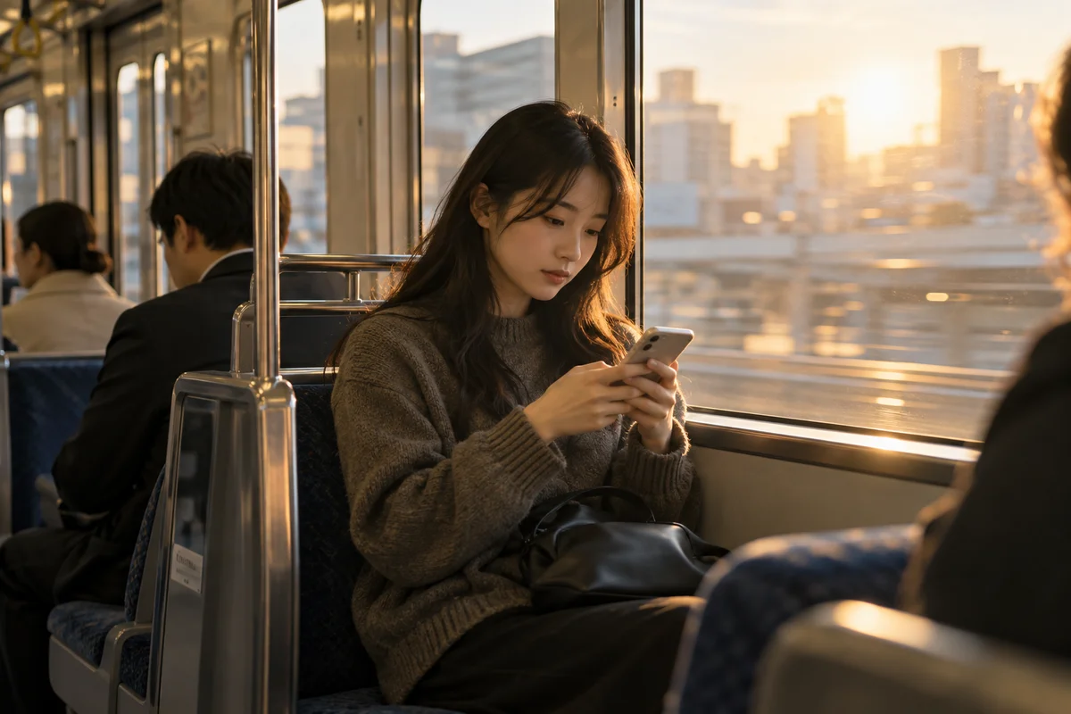 Un jeune adulte tape tranquillement sur son téléphone près de la fenêtre d'un train de banlieue au Japon