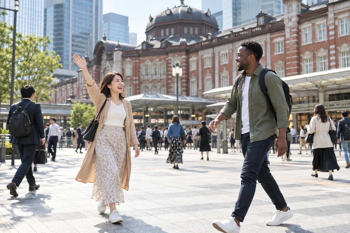 Une Japonaise fait signe à un ami venu de l'étranger, rencontré en ligne, qui vient la retrouver devant une gare de Tokyo