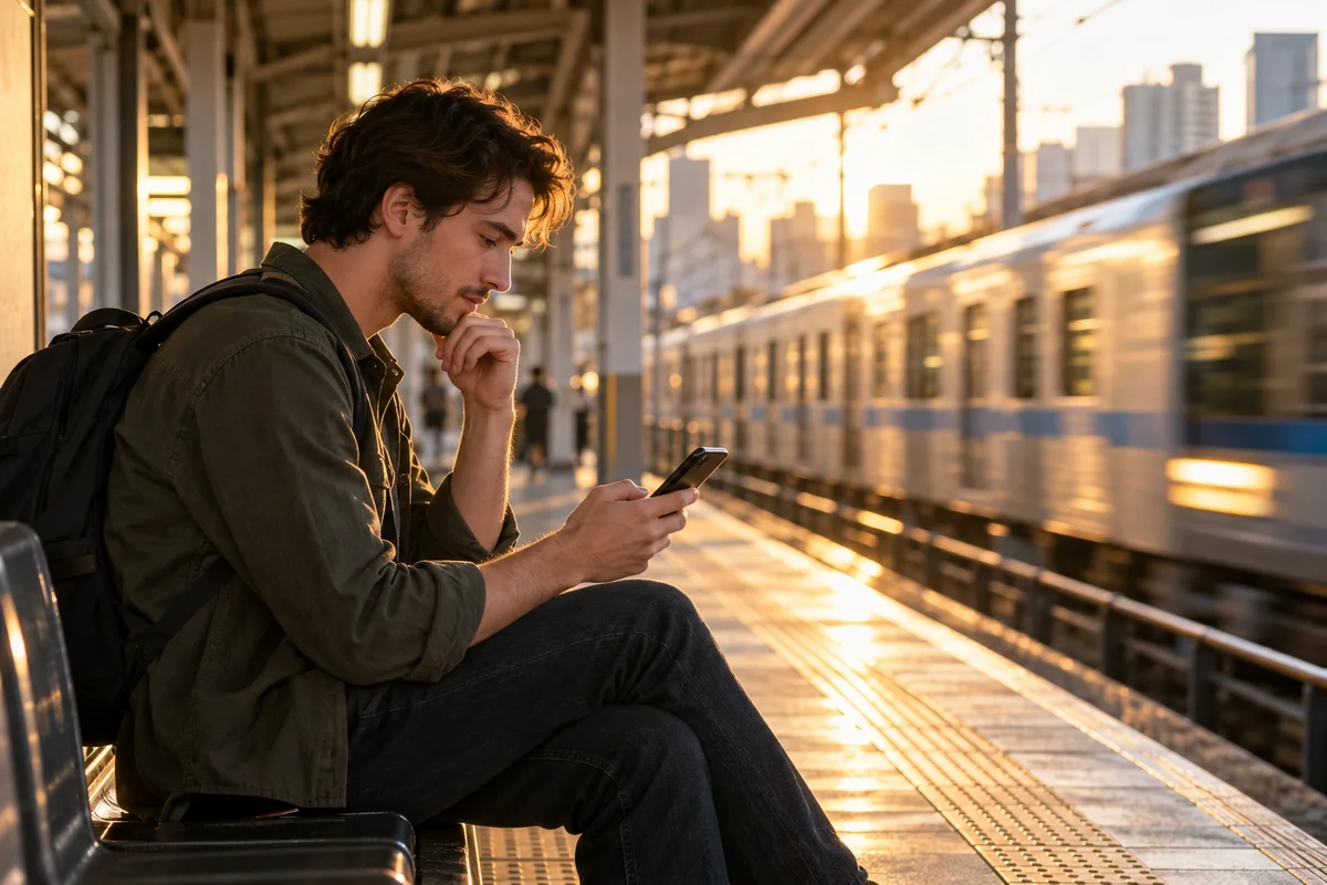 Un jeune homme étranger sur un banc de quai à Tokyo consulte son téléphone pendant qu'un train arrive