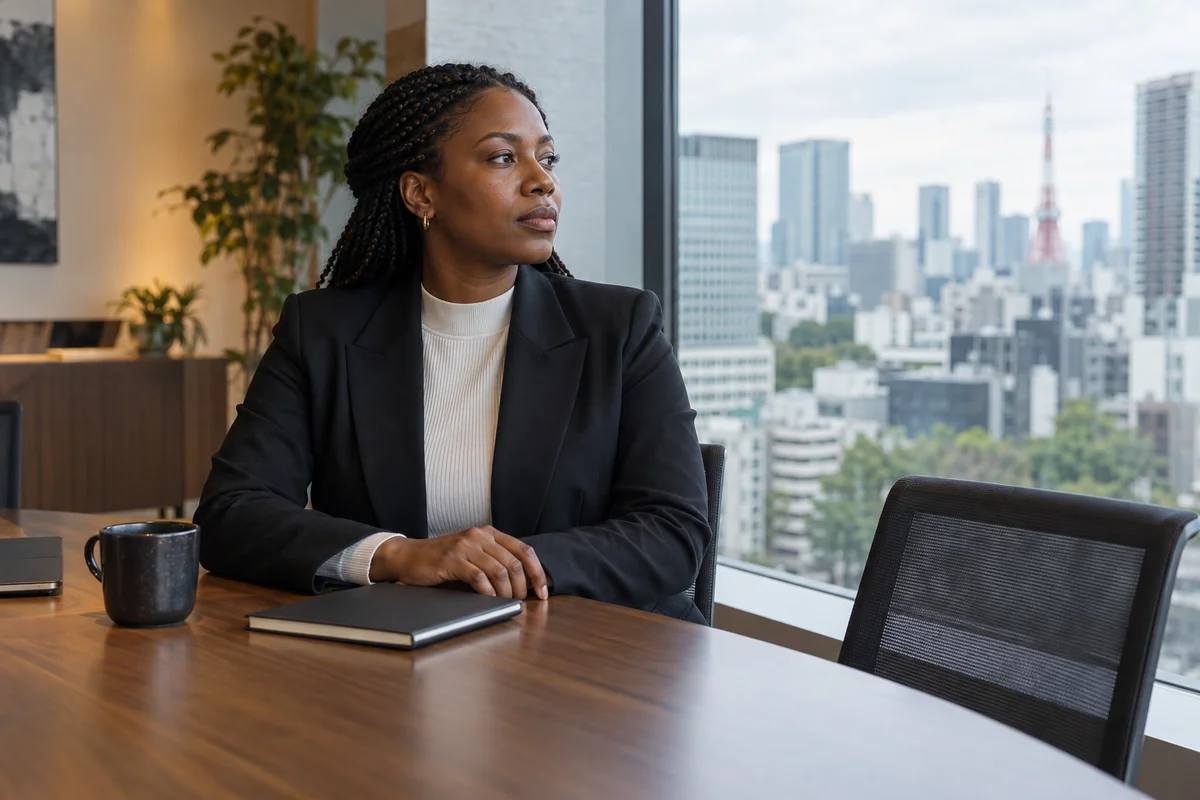 Un professionnel noir assis en silence près d'une fenêtre de bureau à Tokyo après une réunion
