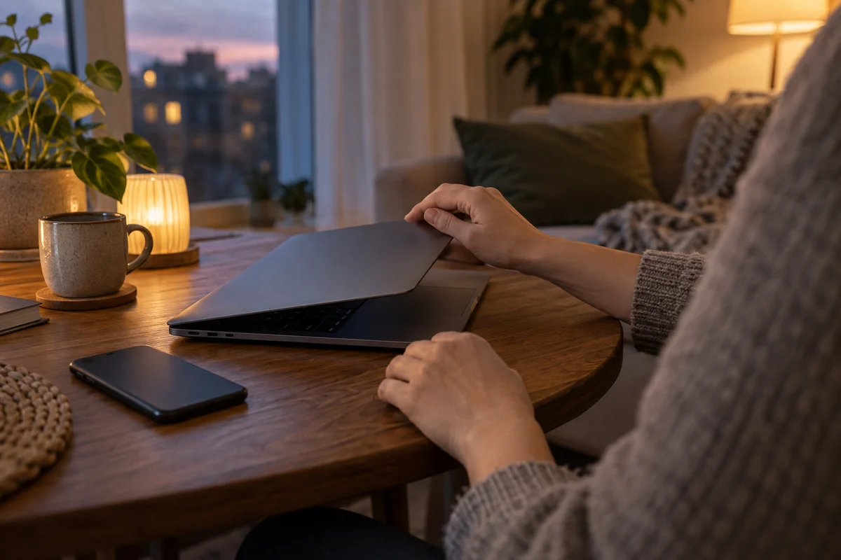 Gros plan sur des mains qui ferment un ordinateur portable à côté d'un téléphone posé face contre table dans un appartement à la lumière douce