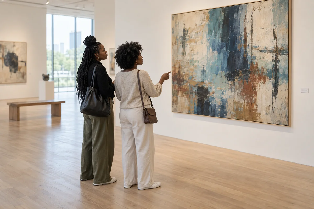 Deux femmes noires regardant ensemble une peinture abstraite dans une galerie d'art lumineuse et calme