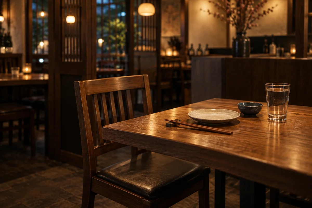 An empty chair and untouched place setting at a wooden restaurant table under warm evening light