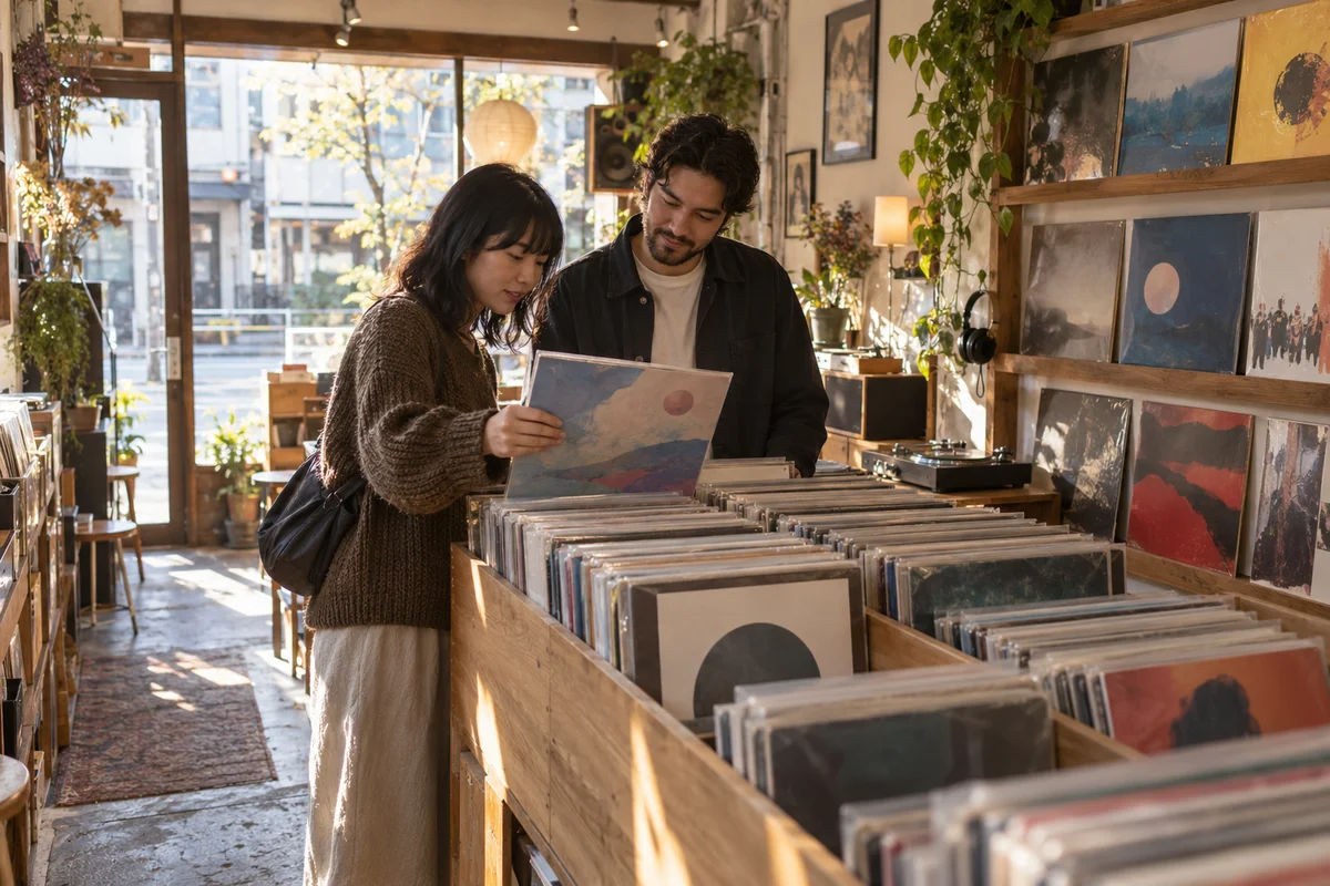 Two friends browsing vinyl records together in a neighborhood record shop lit by afternoon sunlight
