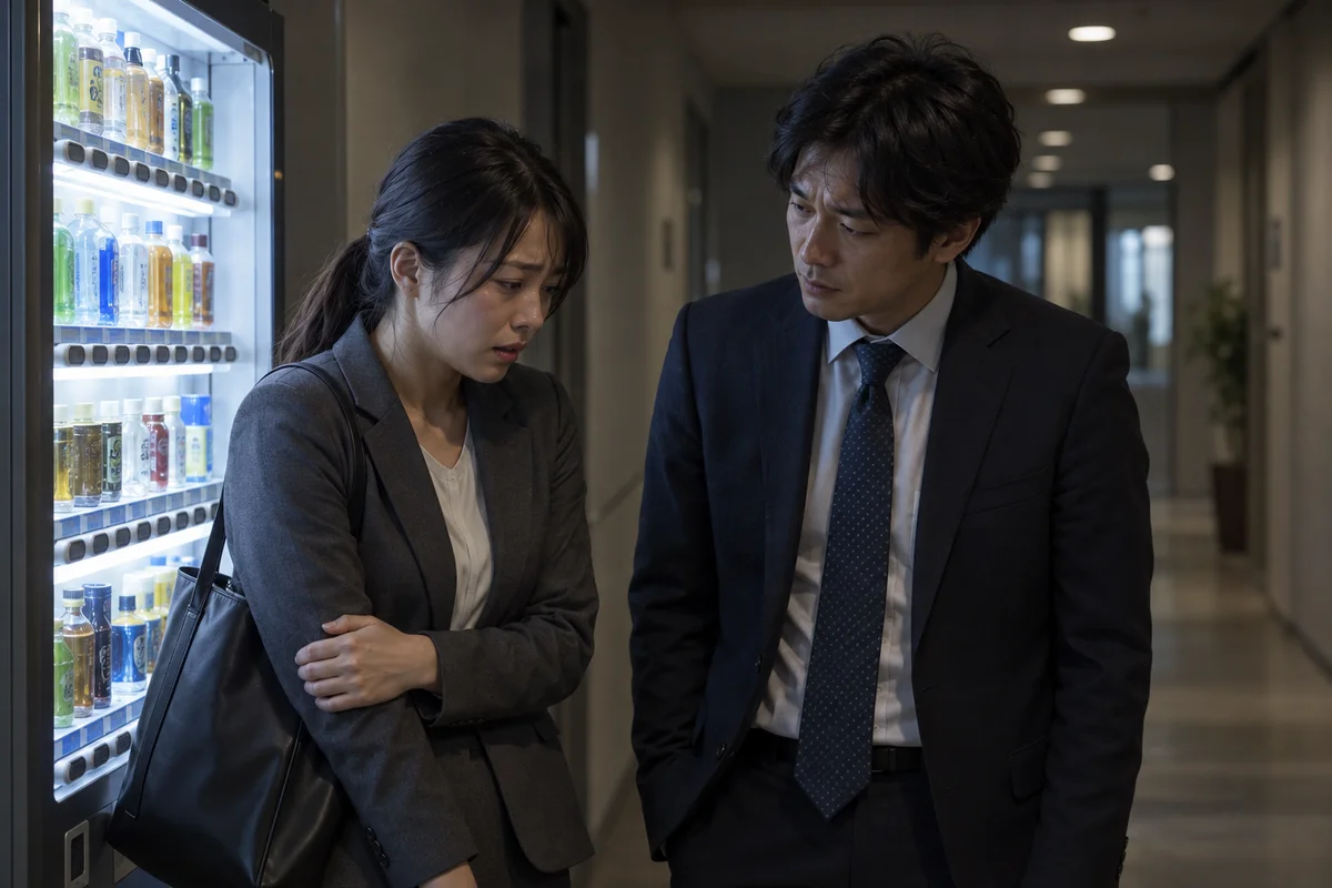 一名神情担忧的上班族在日本办公楼昏暗走廊的自动售货机旁,低声与同事交谈